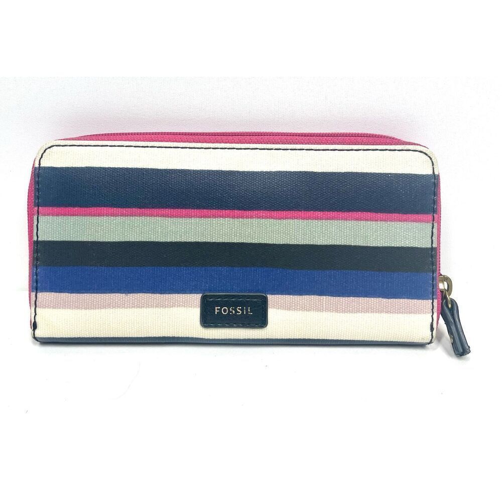 Fossil Eliza Blue Striped Multicolor Accordion Zip Wallet